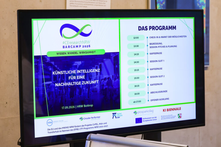 Zu sehen ist die Agenda des #CEresearchNRW Barcamps 2026 auf einem Bildschirm.
