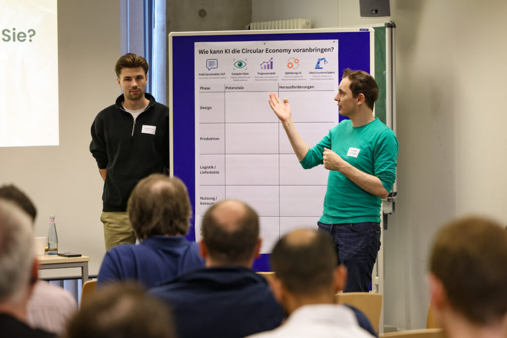 Paul und David moderieren KI-CE Session. Sie stehen neben einem Flipchart. Dort sind Felder vorgezeichnet, die mit den Teilnehmern ausgefüllt werden sollen. Überschrift ist Wie kann KI die Circular Economy voran bringen?